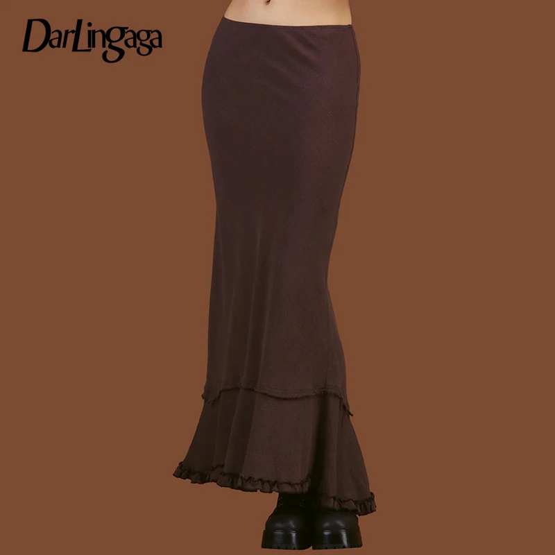 

Darlingaga Vintage Brown Stitched Ruffles Long Skirt Women Y2K Aesthetic Ruched Fairycore Autumn Skirt Boho Maxi Trumper Bottoms