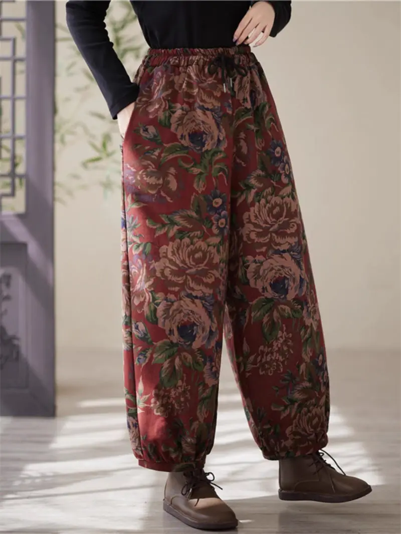 Женские утепленные брюки на шнуровке повседневные в китайском стиле с принтом