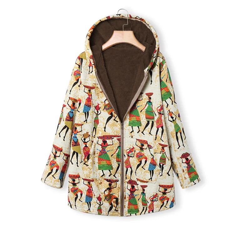 2022 New Winter Hooded Cotton Coat Loose Personality Oversize Plus Velvet Warm Printed Cotton Coat Women