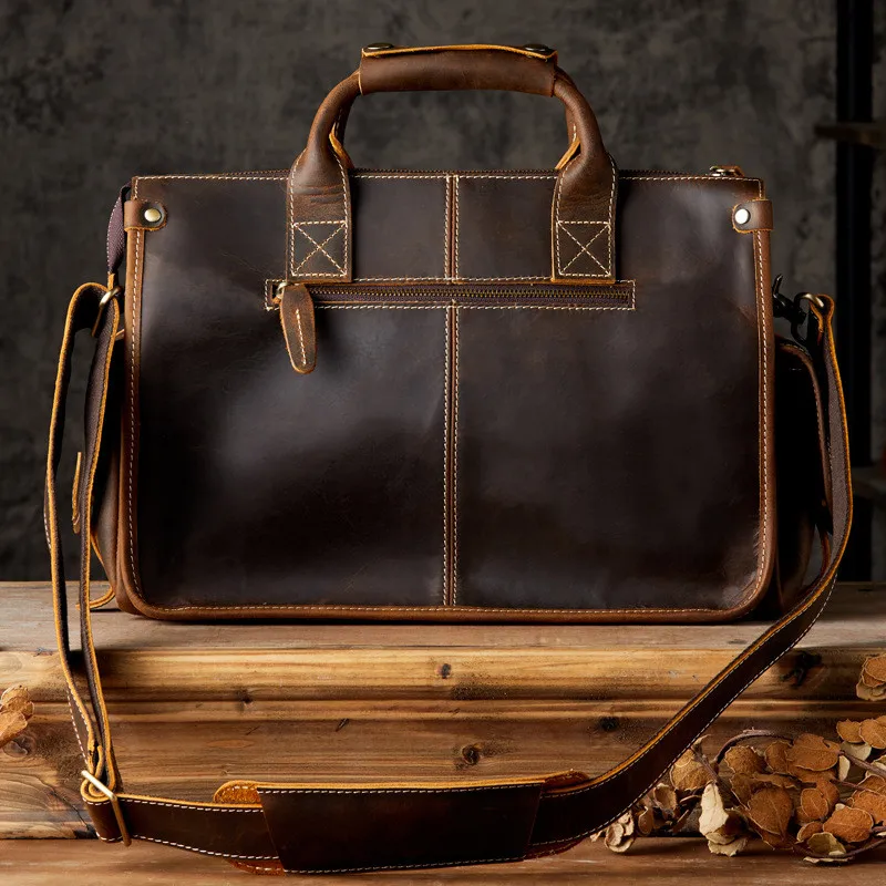 Retro fashion crazy horse cowhide men brown hand computer bag daily office laptop lawyer briefcase genuine leather business bag