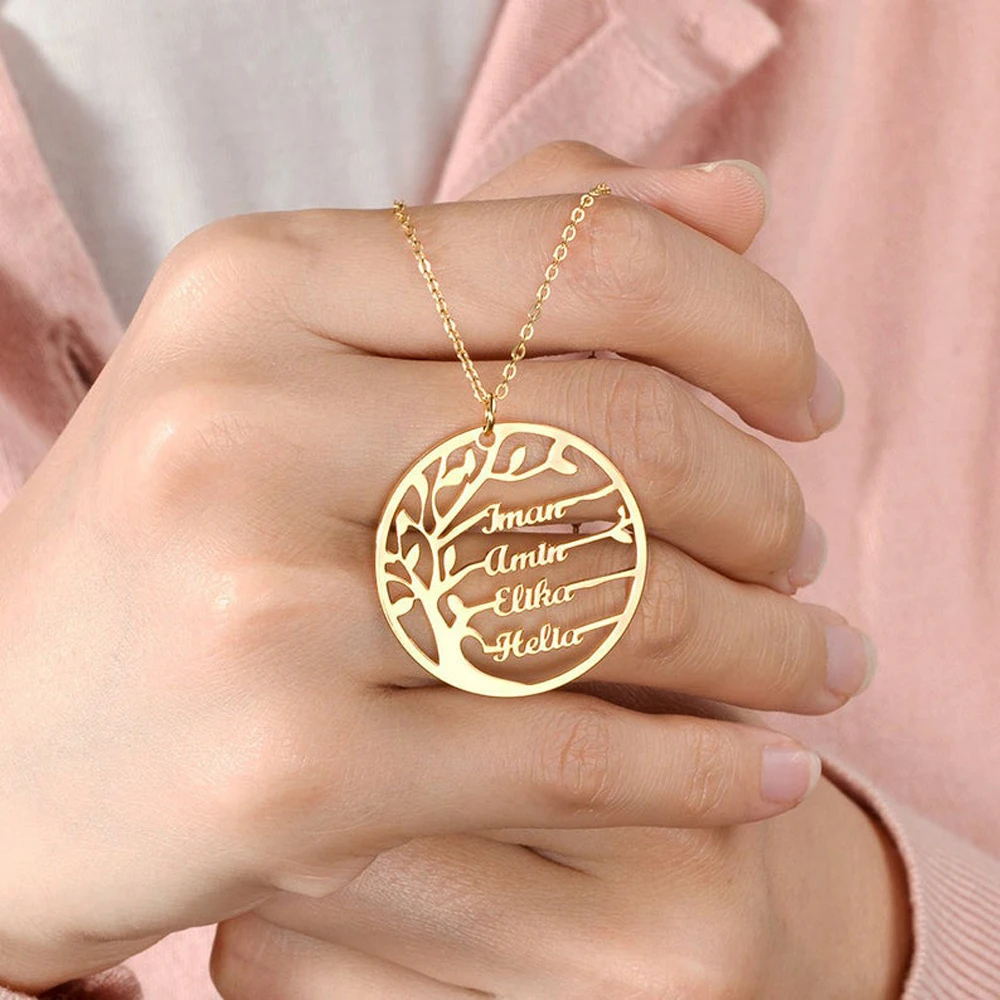 

New Personalised Women Stainless Steel Tree of Life Necklace Custom Multi Name Family Tree Round Pendant Necklace Nameplate Gift