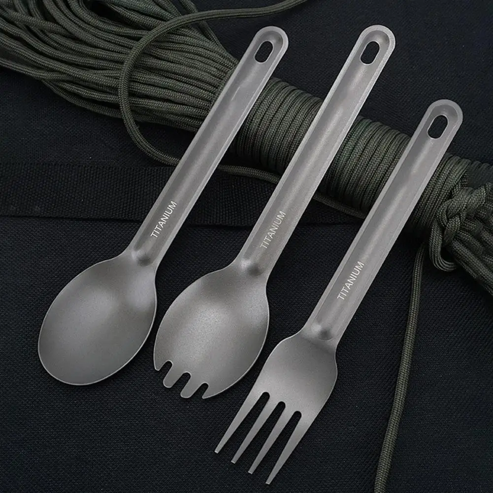 

Ultralight Titanium Metal Silver Tableware CNC Process Titanium Outdoor Camping Spoon And Fork Picnic Supply Camping Cutlery