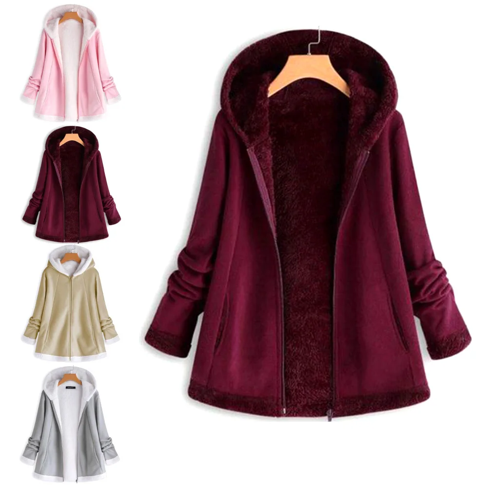 Casual Fluffy Fur Coat Women Autumn Winter Solid Color Long Sleeve Zipper Button Cute Warm Hooded Coat  Size Outwear Female