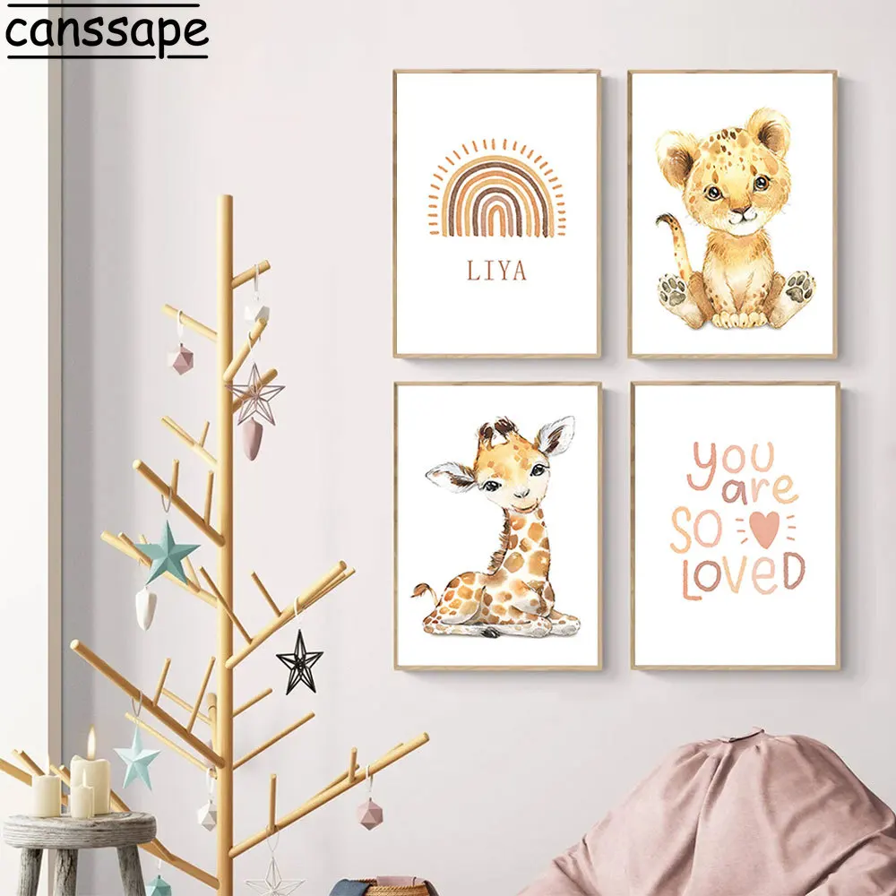 

Name Custom Animal Poster Rainbow Posters Giraffi Lion Canvas Printing Quote Prints Baby Room Decoration Nursery Wall Art Decor