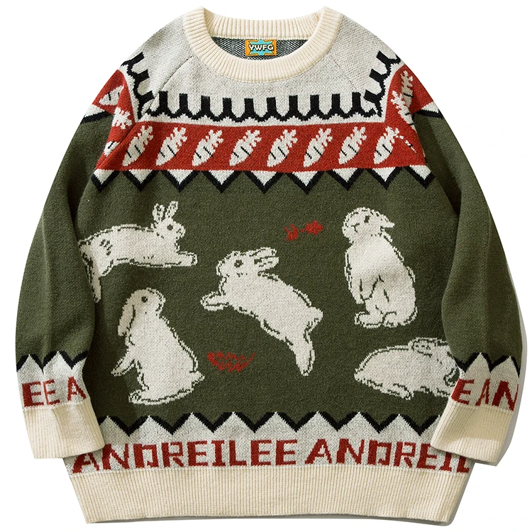 

Harajuku retro radish rabbit knitted sweater men's jumper cartoon cartoon oversized thick pullover grandpa ugly sweater women's