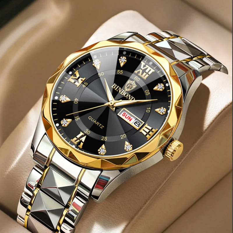 

BINBOND Брендовые мужские кварцевые часы, роскошные бриллиантовые дизайнерские мужские деловые ручные часы, водонепроницаемые наручные часы с календарем