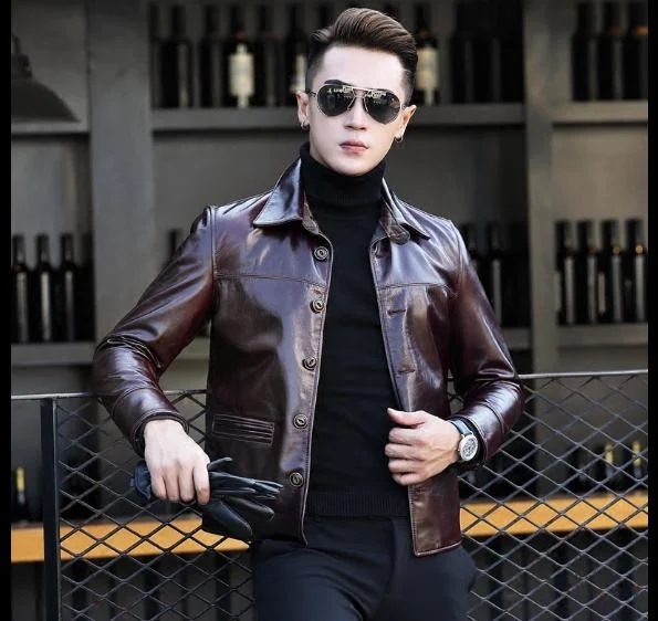 

Новинка 2023, роскошная брендовая настоящая доставка, Мужская фиолетовая Классическая Повседневная куртка из воловьей кожи, качественное Мужское пальто из натуральной кожи, модное крутое