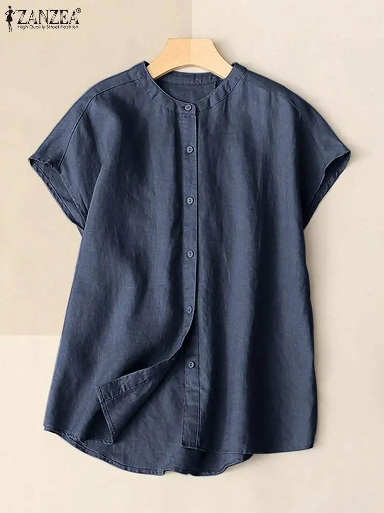 

Винтажные женские топы, блузка ZANZEA, летняя блузка с коротким рукавом, свободная повседневная рубашка на пуговицах, женские хлопковые блузки...