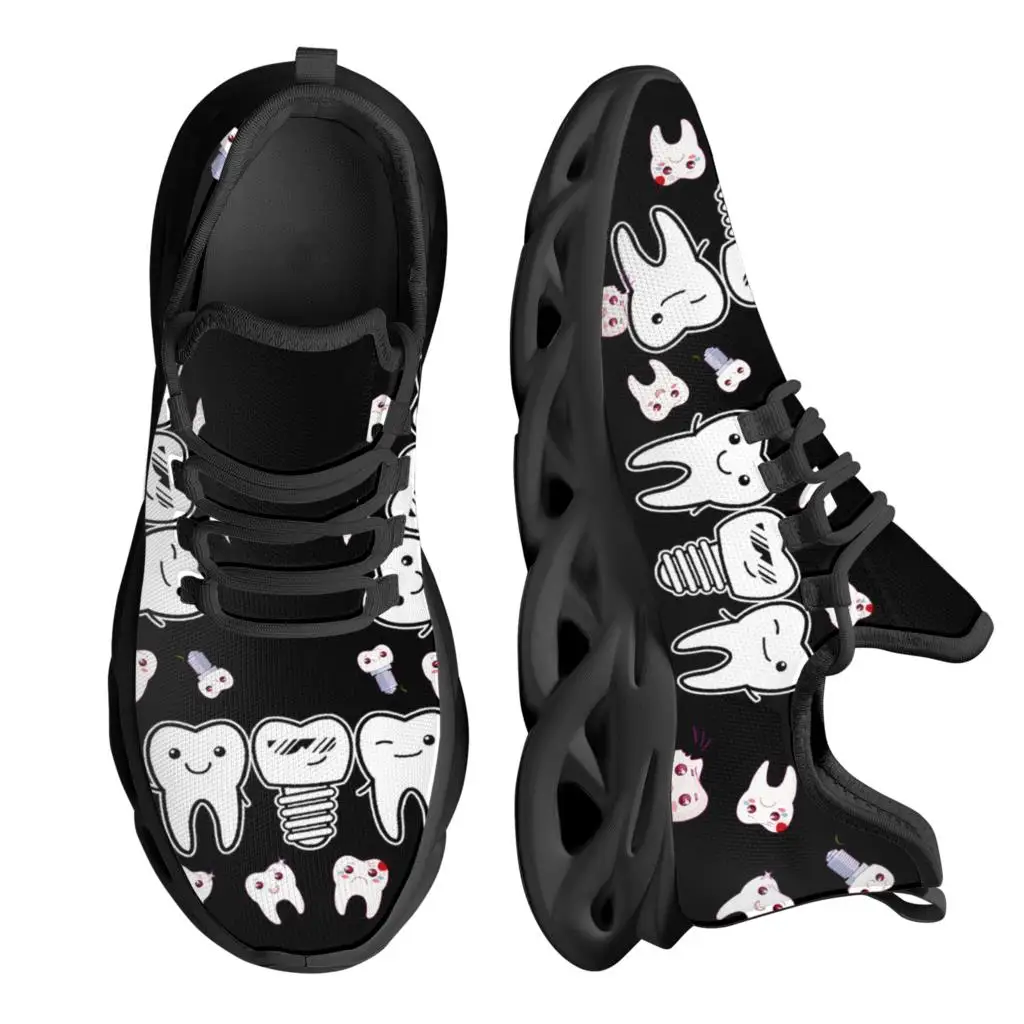 

INSTANTARTS Cute Cartoon Teeth Platform Sneakers Comfortable Breathable Summer Knitted Blade Shoes Black Dental Shoes Flats