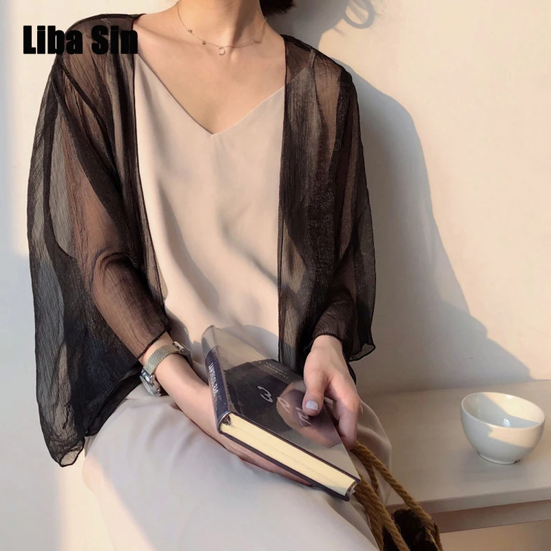 

Liba Sin Women Summer Crinkle Chiffon Cardigan Sheer Casual Hawaii Style See Through Transparent Loose Top For Vacation