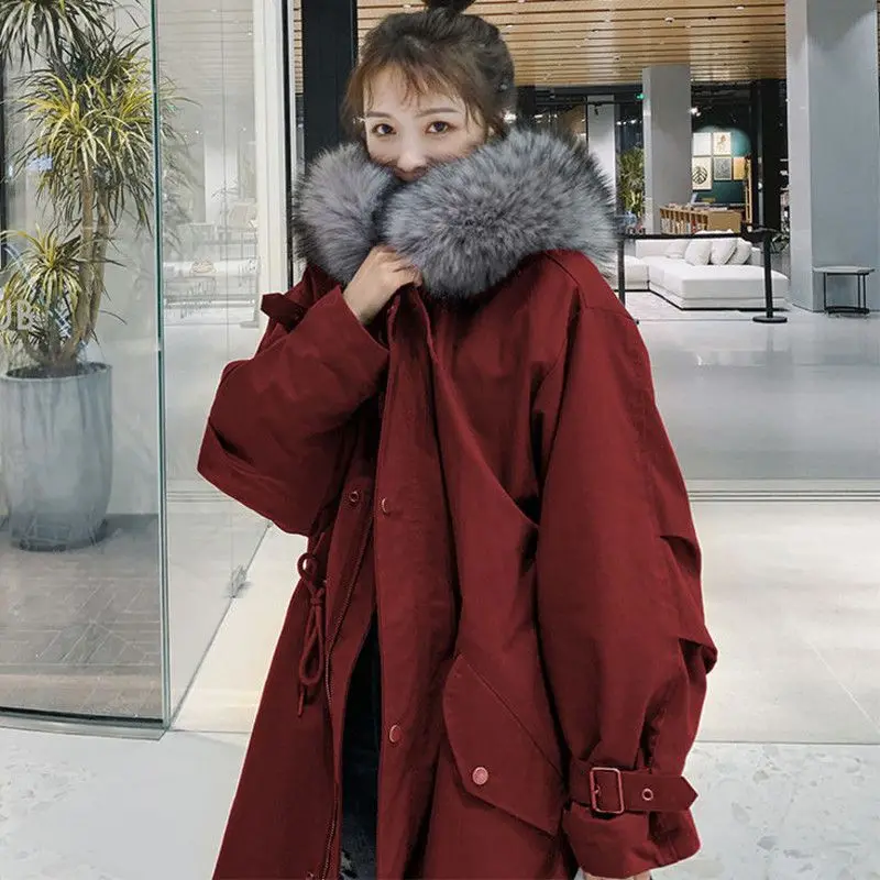 Winter Jacket Female Long Paragraph Big Hair Collar Thickened Cotton Jacket New Students Cotton Clothes Knee Cotton Jacket Tide