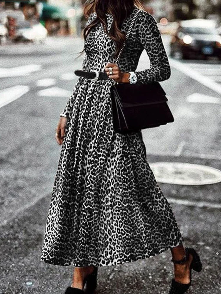 

Женское праздничное платье с леопардовым принтом, Элегантное Длинное Платье Макси в стиле бохо с круглым вырезом, популярное винтажное пла...