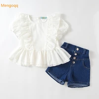 princess summer lace fly sleeve flower top t shirts denim shorts pants kids baby casual clothing children set 2pcs 3 8y