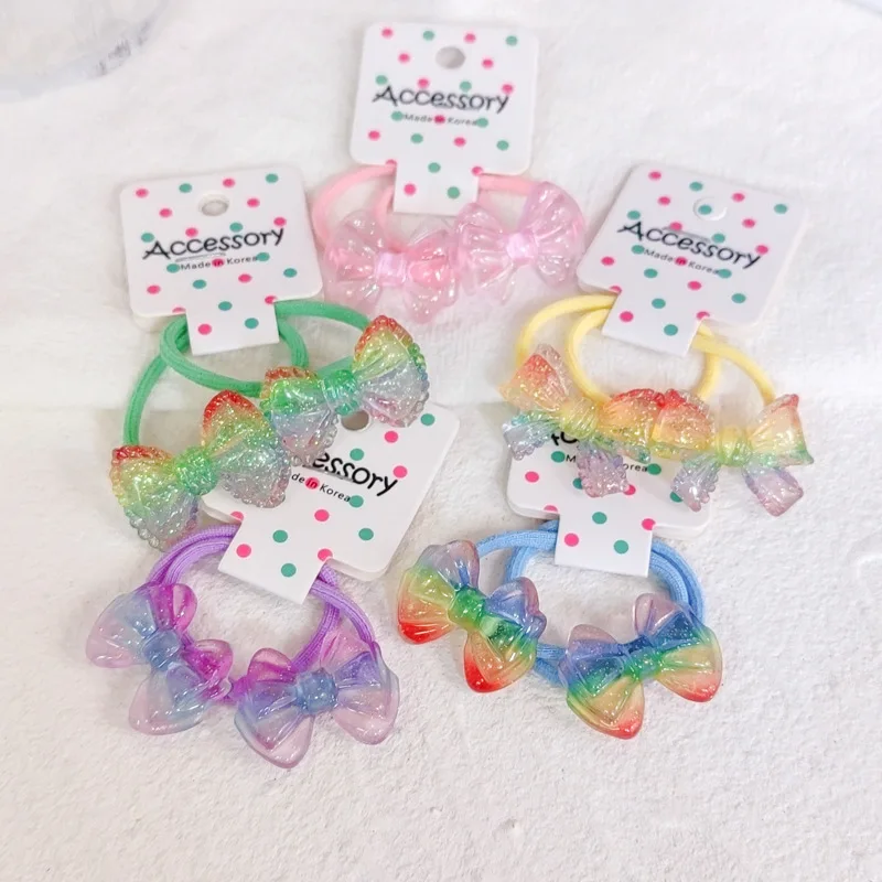 

5pairs/10pcs Sweet Transparent Jelly Hair Ties Gradient Bowknot Girls Gum Rainbow Ponytail Holder Elastic Hair Bands Scrunchies