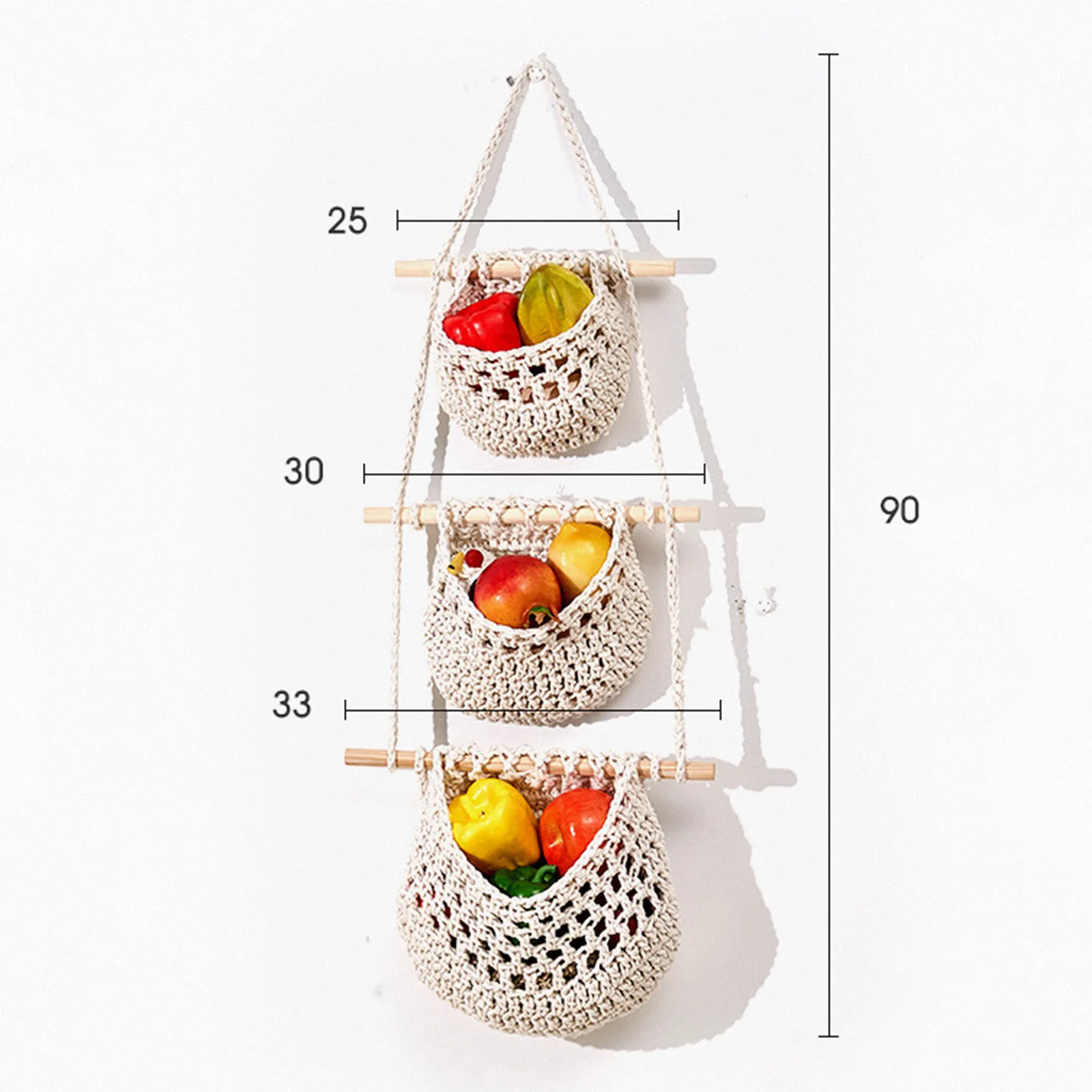 

3 Tier Hanging Fruit Basket Detachable Wall-mounted Fruit Handwoven Net Bag Vegetable Baskets Kitchen Storage Decorative Racks