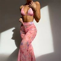 three piece sexy split bikini summer ladies butterfly mesh swimsuit tulle trousers seaside holiday beachwear pink suit
