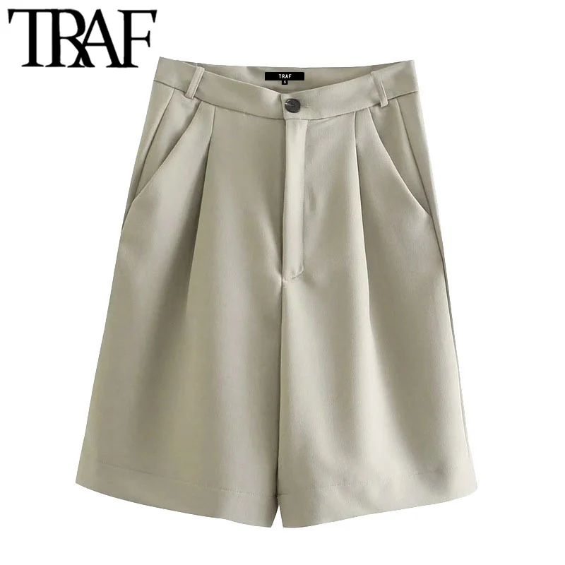 

Traf mulheres chique moda bolsos laterais darted bermudas shorts vintage cintura alta zíper voar feminino calças curtas mujer