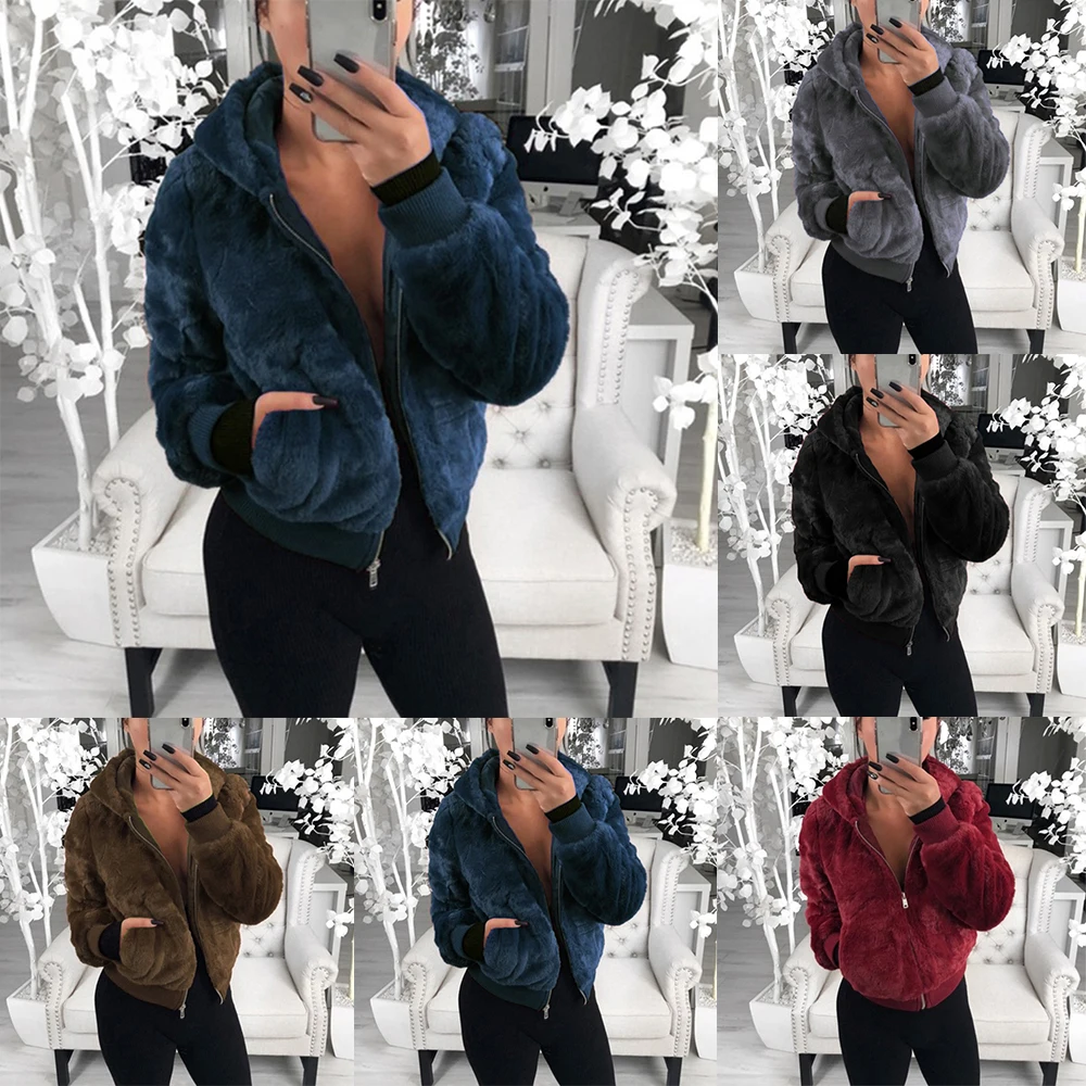 

Женское зимнее теплое меховое пушистое пальто, плюшевая куртка с застежкой-молнией, утепленная Женская толстовка с эластичными манжетами, ...