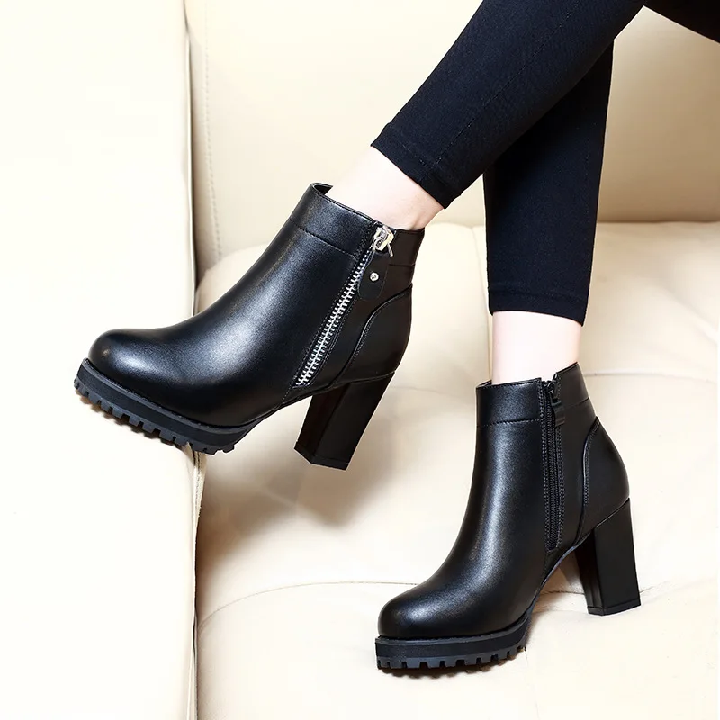 

Women High Heel Pointed Toe Ankle Boots Fashion Zipper Dress Boots Short Plush Winter Black Split Leather Shoes Zapatillas Mujer