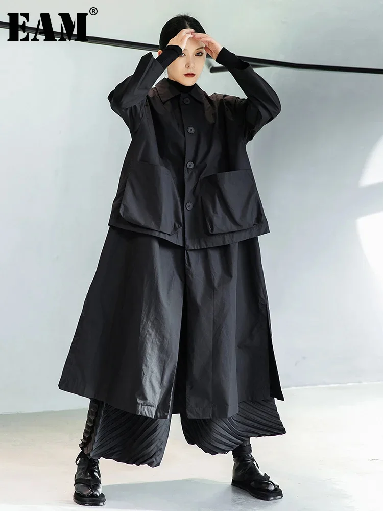 

[EAM] Women Black Big Size Long Pocket Trench New Lapel Long Sleeve Loose Fit Windbreaker Fashion Spring Autumn 2023 1DE3081