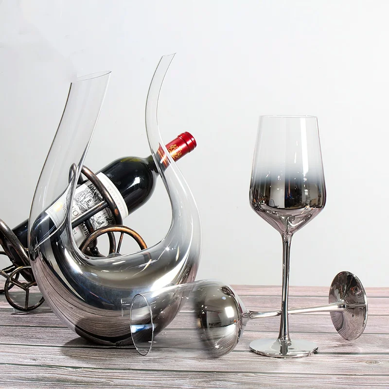 

European-style Crystal Glass Electroplating Silver-gray Gradient American Red Wine Metal Goblet U-shaped Decanter Set