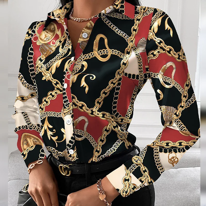 

2022 New Year Shirts Vintage Women Long Sleeve Chain Print Shirts Turn Down Collar Buttons Shirt Casual Blouse Office Shirts
