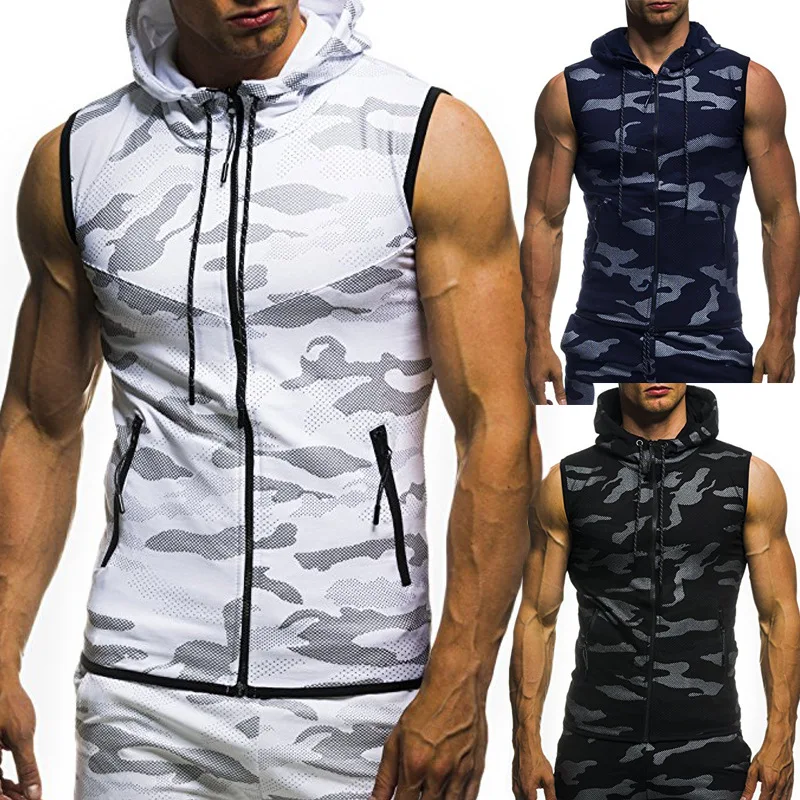 

2022 New Men's Red Camouflage Zipper Hooded Sleeveless Camouflage Printed Fitness Sports Vest Running top Mens men gym