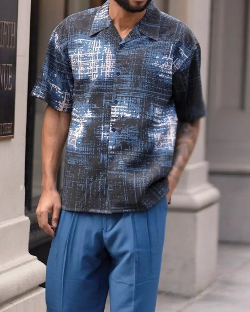 Shirt suit 2023 men's walking short-sleeved shirt+suit pants two-piece street outdoor leisure V-neck suit men's travel suit 4XL