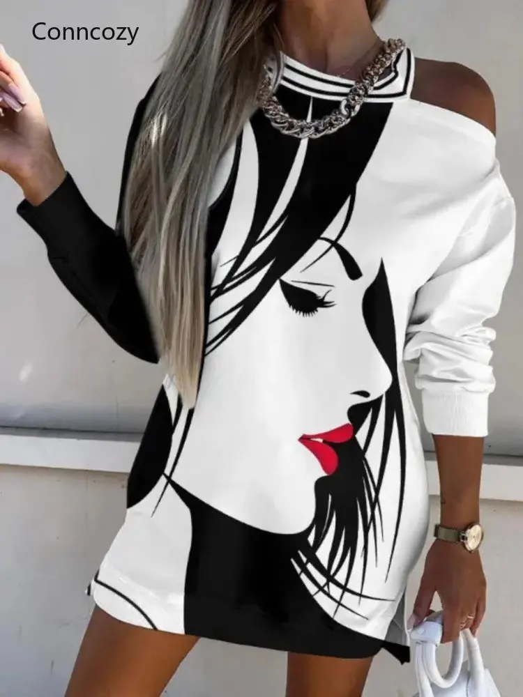 

Autumn Loose Long Sleeve Mini Dress Vintage Office Women Clothing O Neck Slim Dress Female Casual Face Print Party Hollow Dress