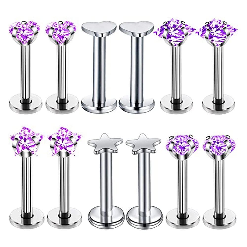 WKOUD 16G Labret Monroe фиолетовый Zircone Heaert звезда круглые кольца для губ завитка серьги-гвоздики для пирсинга серебряные ювелирные изделия