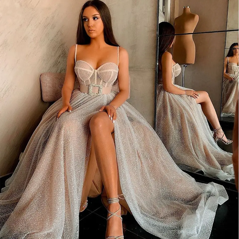 

Tulle A-Line HF548 Evening Party Dresses For Women Side Slit Hand Make Elegant Charming Gowns Vestidos De Noche Robes Soirée