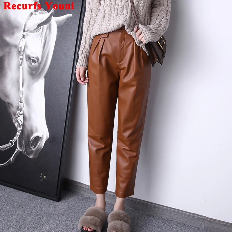 

Women Natural Leather Trousers 2023 Winter Femme Korean Fashion Simple Thin Casual Asymmetry Pants Tapered Pantalones de Mujer