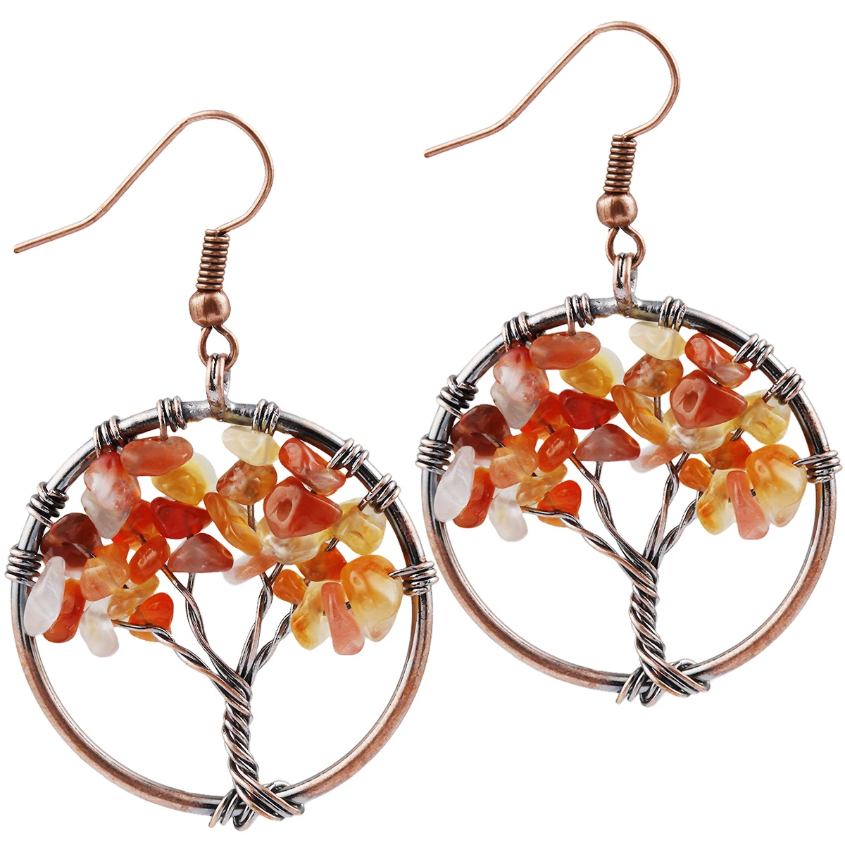 

TUMBEELLUWA Carnelian Tumbled Stone Vintage Retro Tree of Life Handmade Wrapped Bronze Wire Dangle Drop Hook Earrings
