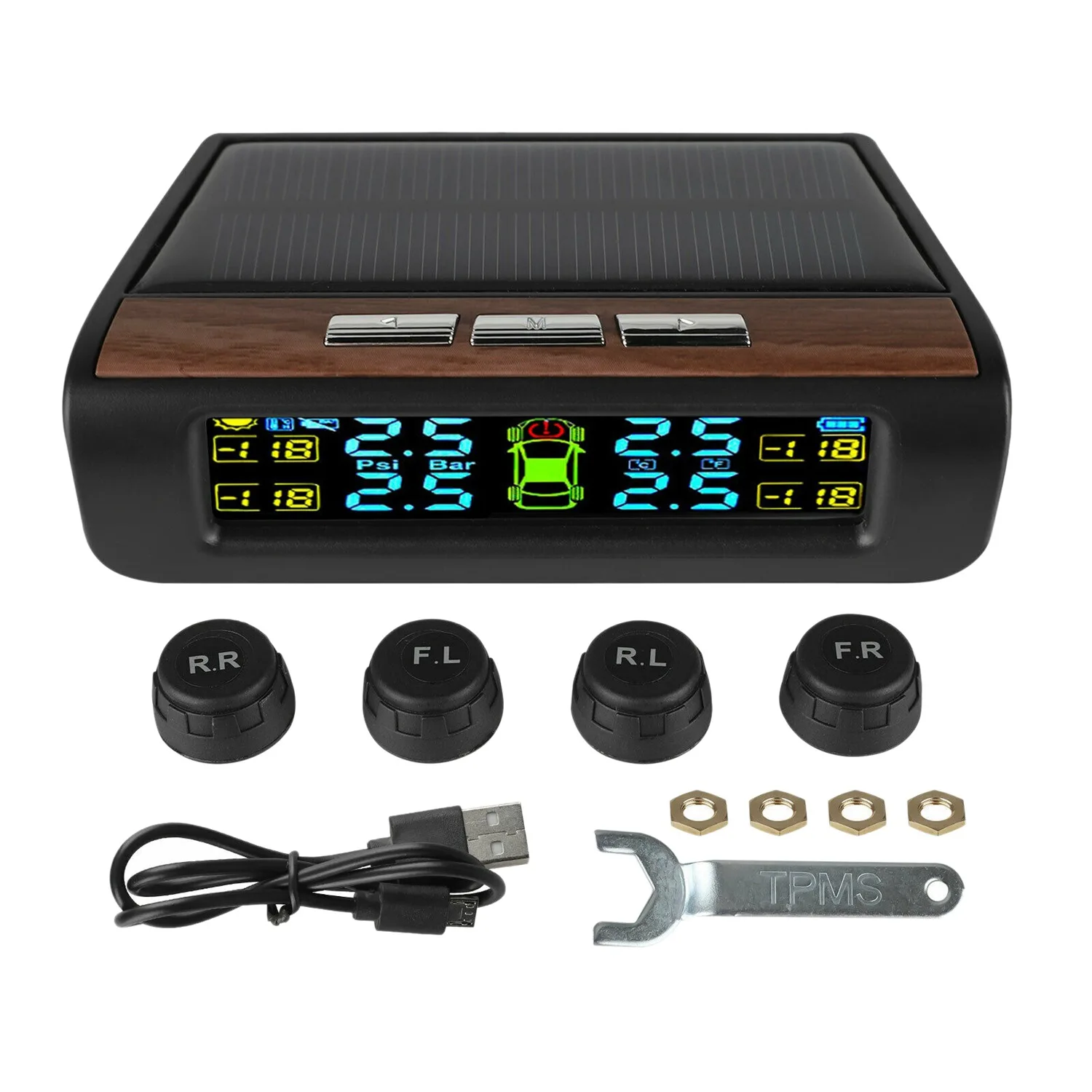 SystèMe de Surveillance L Pressure des Pneus Voiture LCD TPMS Solaire Sans Fil avec 4-Capches Externes Dɺlarme