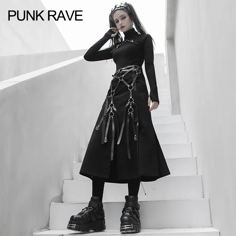 PUNK RAVE A Shape Medium Lenth Women’s Skirt Front Center open fork two wearing Skirts with D button Skirt for Fem