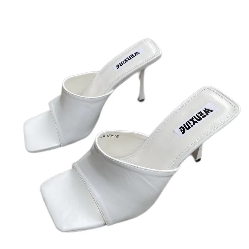 

Мюли женские кожаные, элегантные сандалии-гладиаторы, квадратный каблук, открытый носок, пикантные, вечерние тапочки, белые, лето 2022