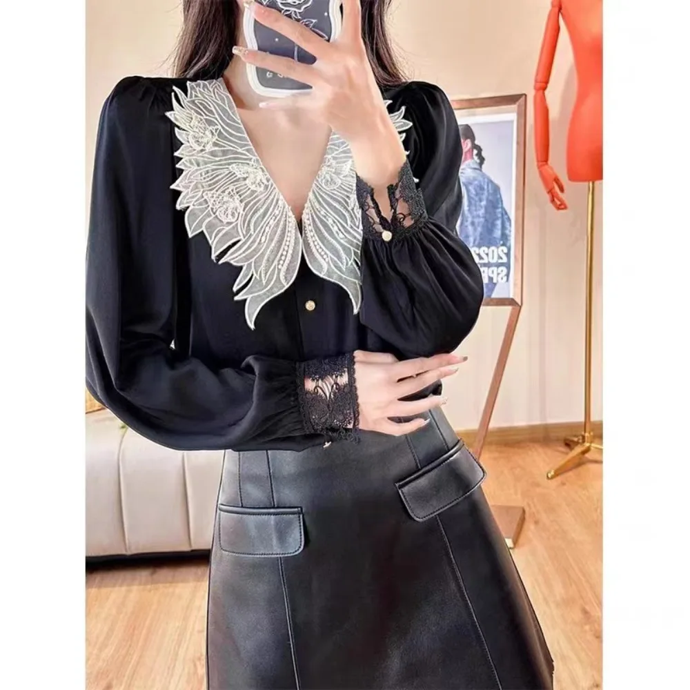 Женская Рубашка Из Органзы С Кружевным Воротником И Вышивкой Двухслойная