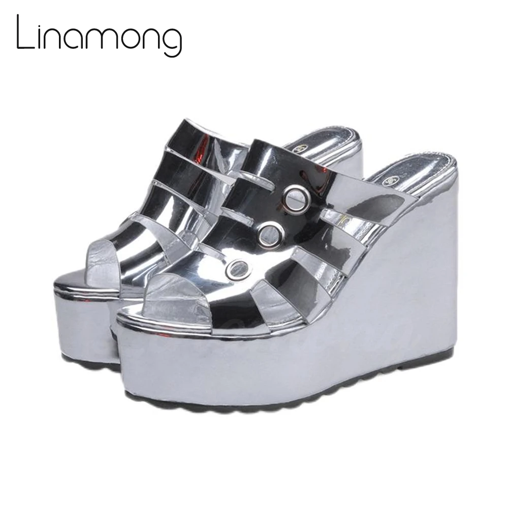 

Metallic Leather Silver Slippers Platform Wedge Sandals Round Toe Slip On Summer Shoes for Women Punk Style Comfortable Sandals