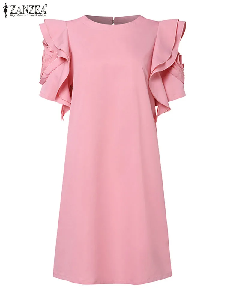 Модное женское платье ZANZEA с оборками летнее однотонное коротким рукавом до колен