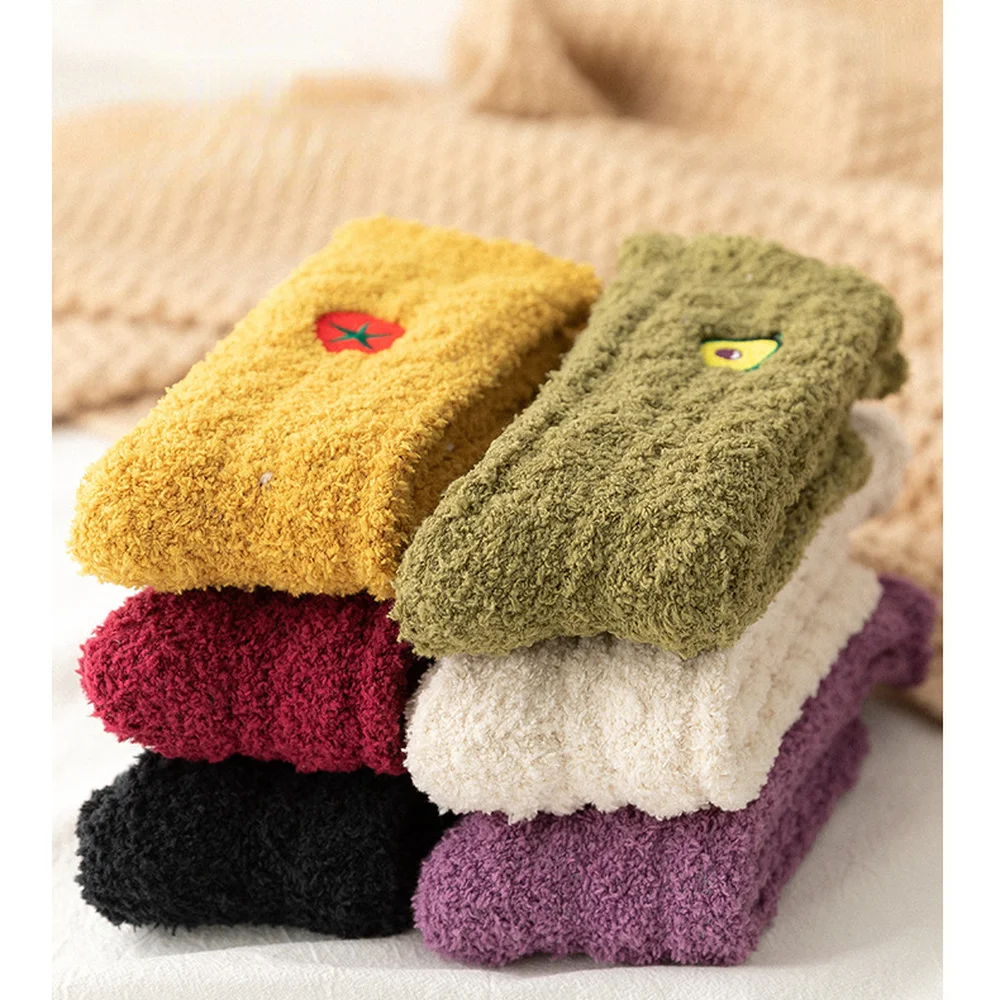 7 Pairs New Harajuku Fruit Embroidery Coral Fleece Women Socks Autumn and Winter Avocado Strawberry Warm Sleep Floor Socks