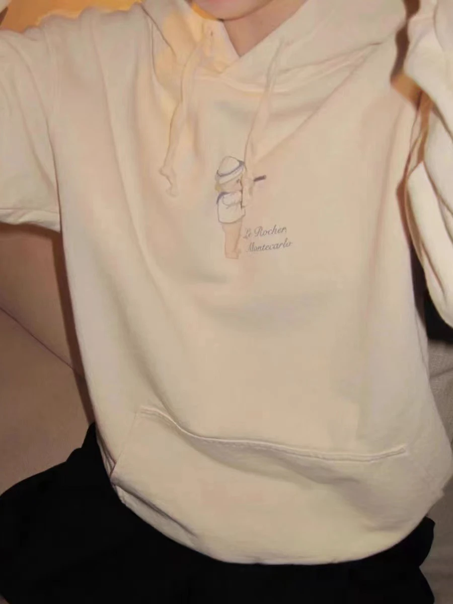 Толстовка с капюшоном мультяшным принтом ангела Осенние милые бежевые хлопковые