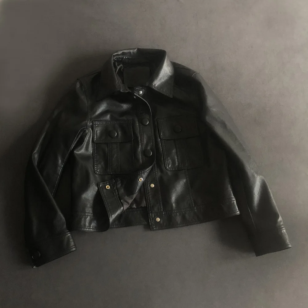 2023 autumn new fashion short leather jacket single breasted leather shirt style bag cover motorcycle coat