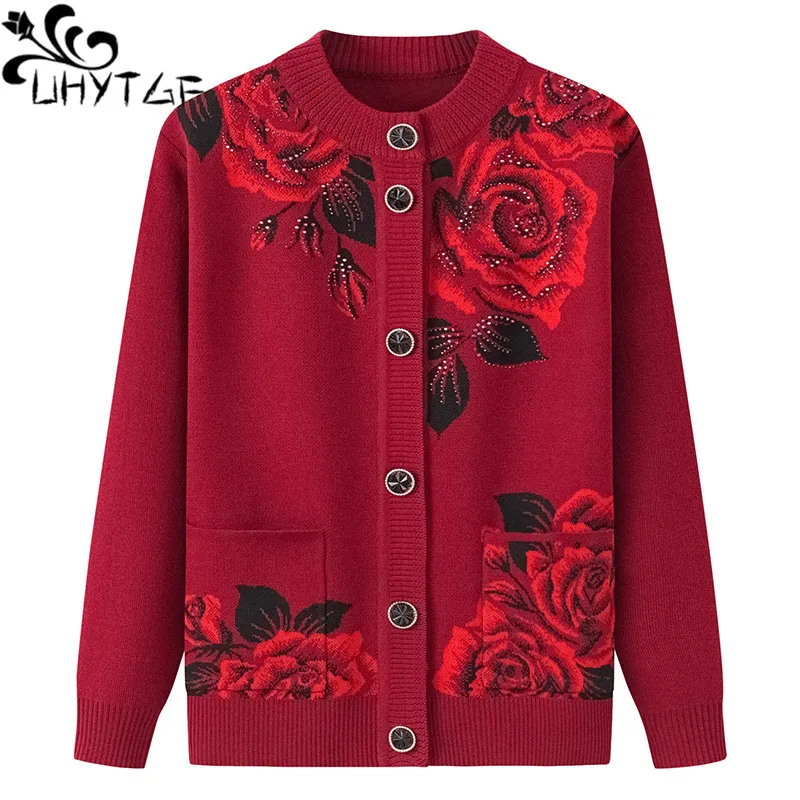 

UHYTGF New Middle-Aged Elderly Knitwears Jacket Womens Single Breasted Cardigans Spring Autumn Sweater Female Knitted Coat 1992