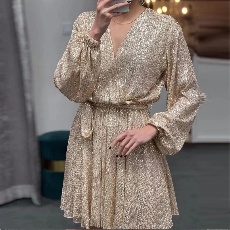 

Women Fashion V-neck Sequin Tie Dress Spring Autumn Sexy Elegant Long Sleeve Waist Gathering Dress 2022 Party Dress Vestidos