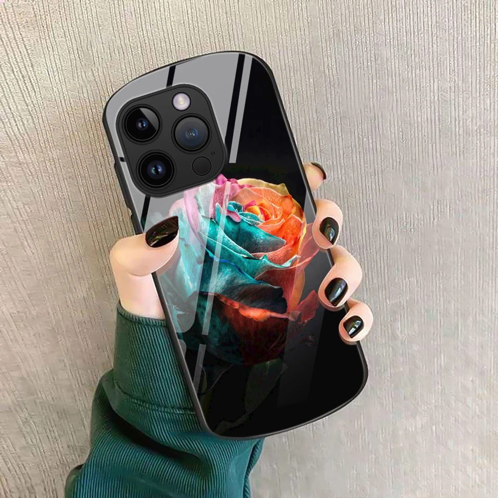 

Colorful Rose Flower Phone Case For iPhone 14 Plus 11Pro Cases For iPhone 13 Mini 12 Pro Max XS Luxury Oval Tempered Glass Cover