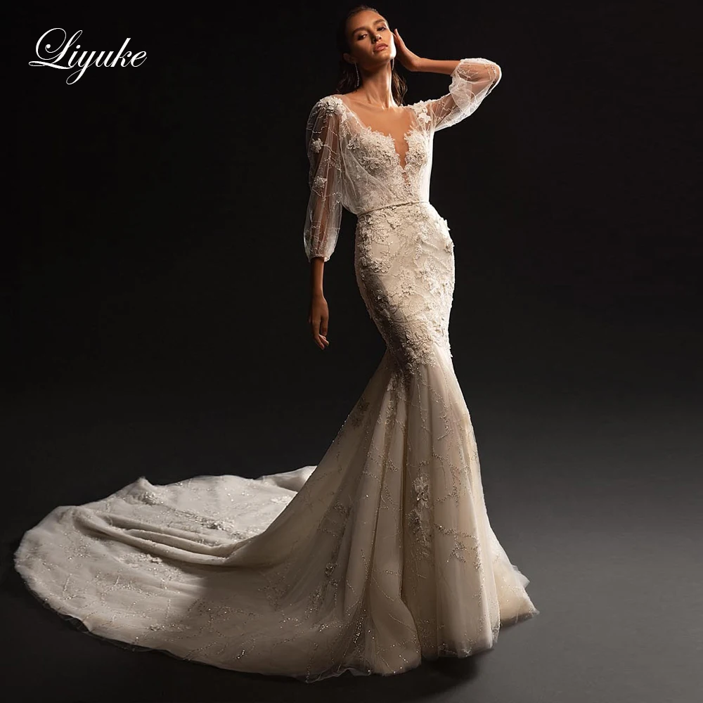 

Liyuke Fabulous Lace Beading Pearls Illusion Neck Mermaid Wedding Dresses With Removable Jacket Elegant Trumpet Bridal Gowns