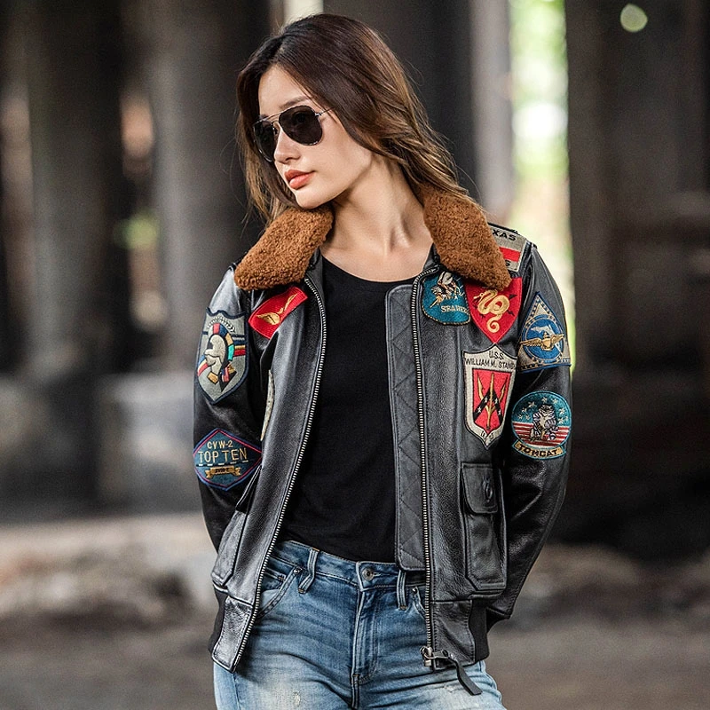 Dark Brown TOP GUN Maverick G1 Jacket Women Military Style Natural Thick Cowhide Winter Warm Aviator Genuine Leather Coats