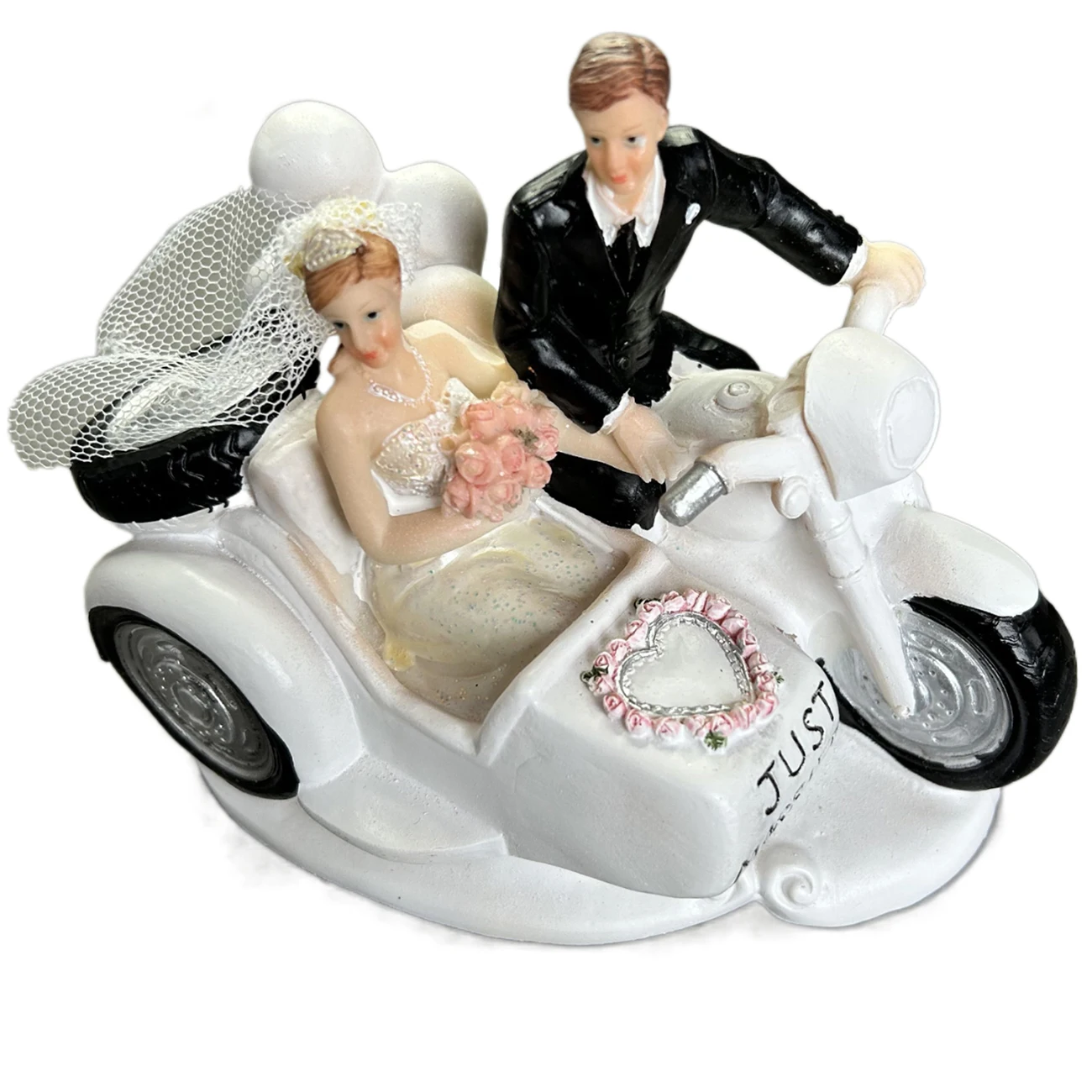 

Hand-Painted Wedding Cake Accessory with Bride and Groom on Motorcycle