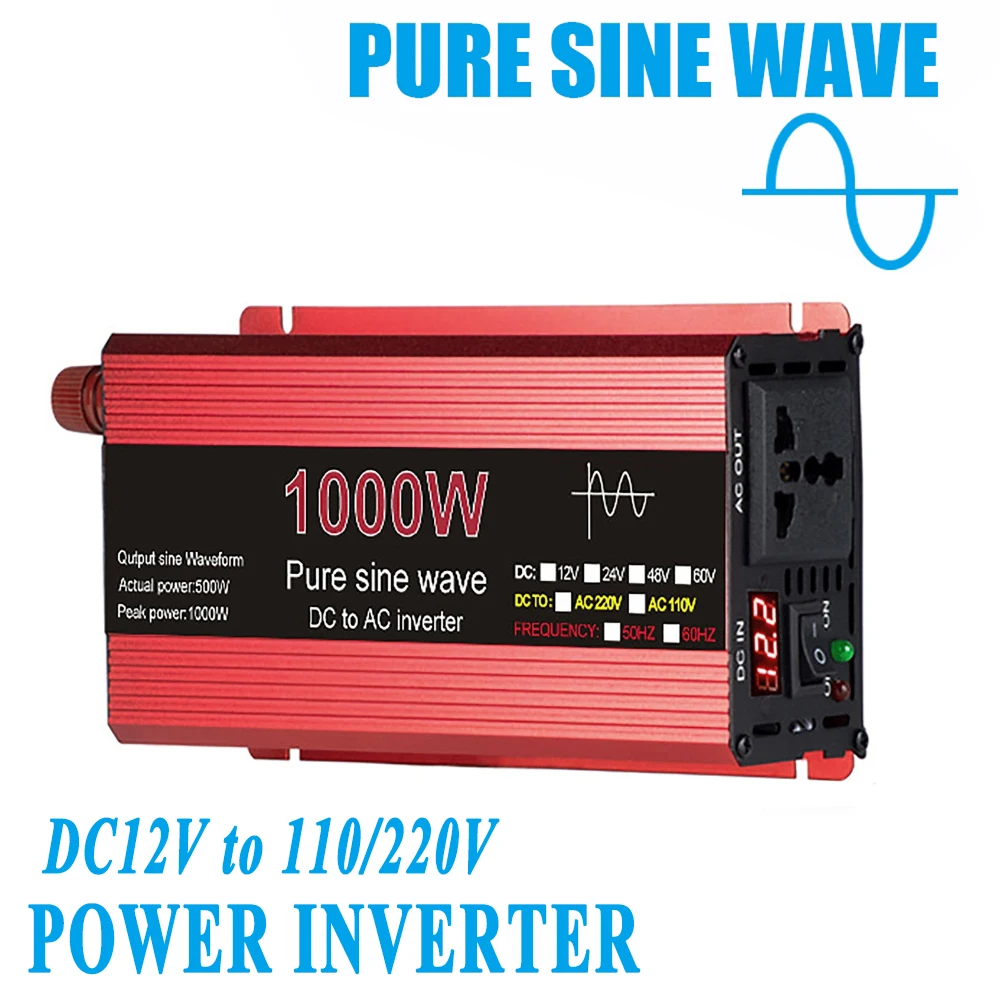 

1000W Pure Sine Wave Power Inverter DC12V to AC110 220V Voltage Transformer Car Home Electronic Off Grid Power Converter