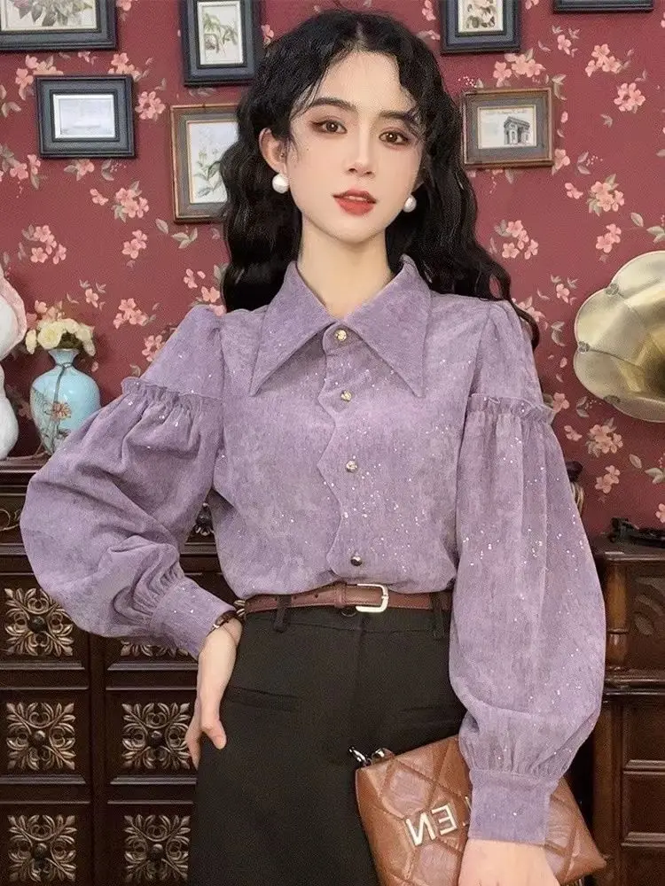 Женская дизайнерская рубашка в стиле ретро с длинным рукавом весенне-осенняя